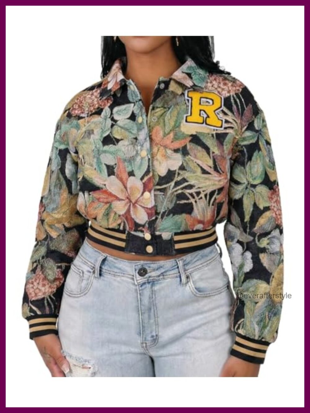 KANSOON Women's Floral Cropped Bomber Jacket Varsity Letter Patch